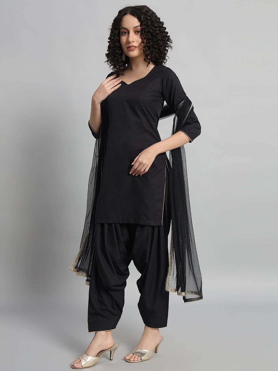 Adaa Bazaar Women's Readymade Patiala Suit (Black) with Black Dupatta
