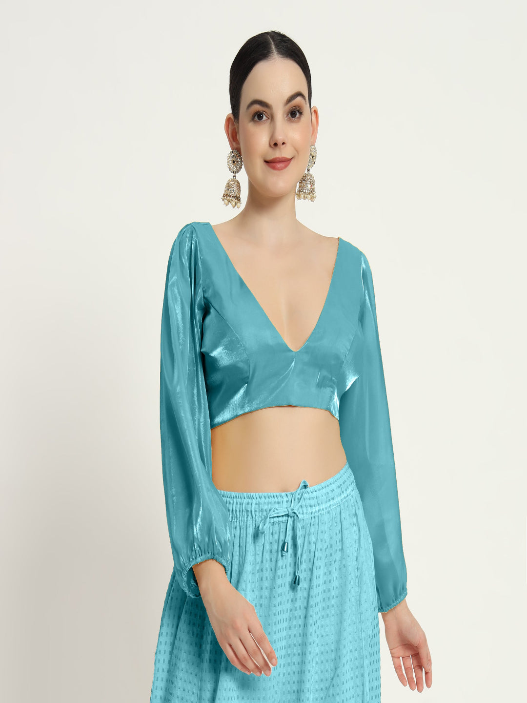 Adaa Bazaar Women's Readymade sky Blouse With Full Sleeves V Neckline