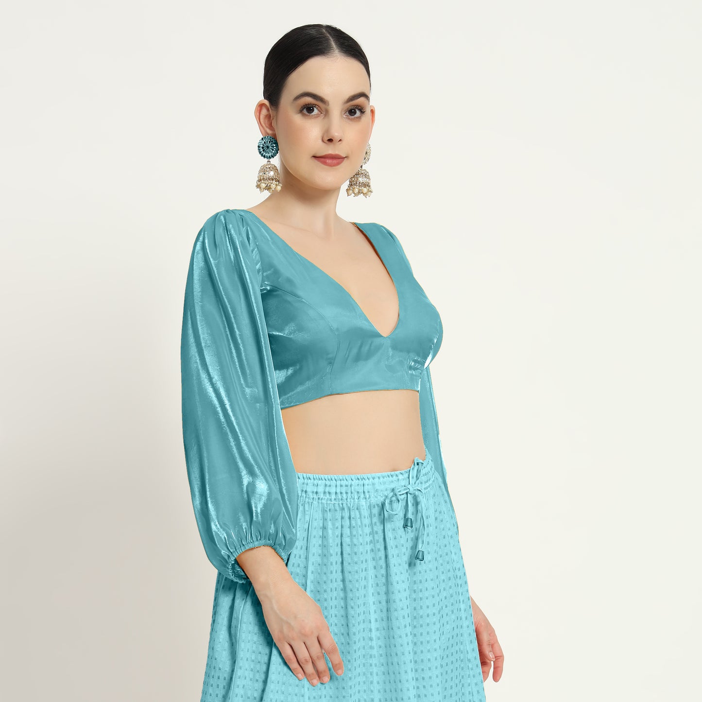 Adaa Bazaar Women's Readymade sky Blouse With Full Sleeves V Neckline