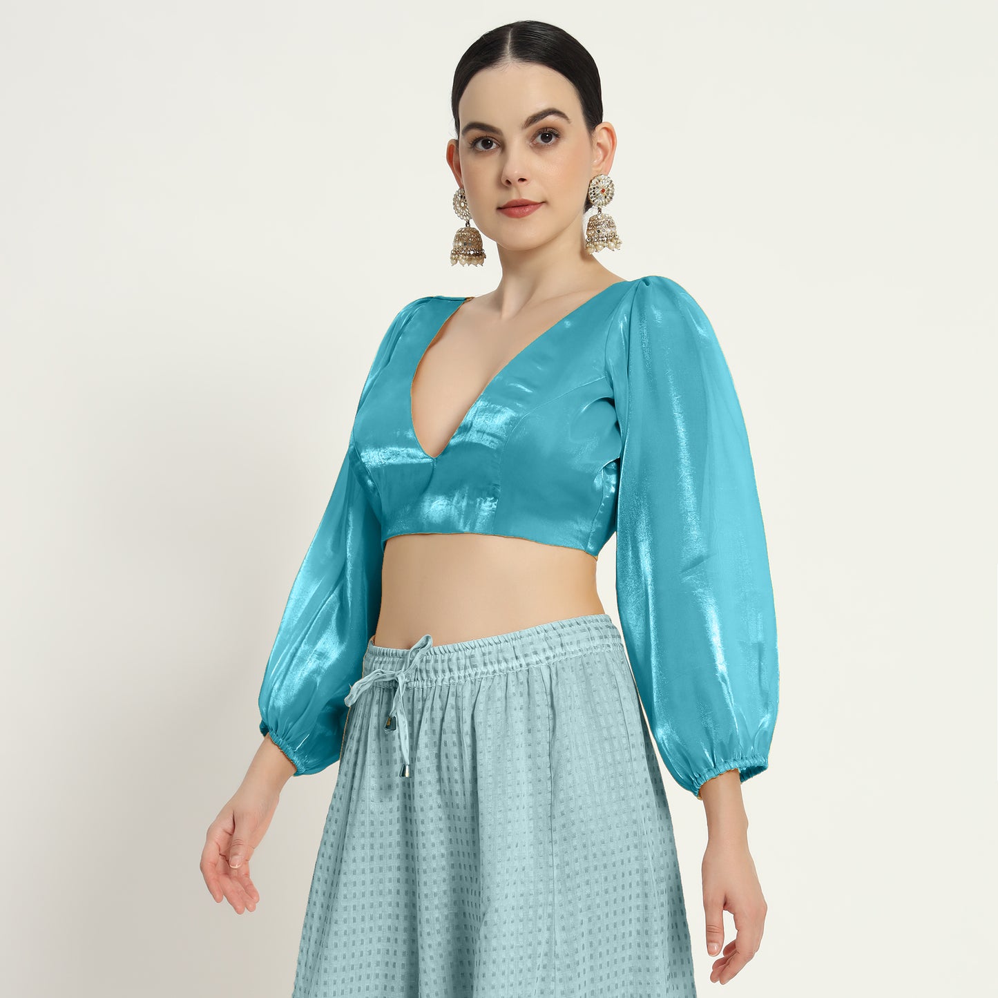 Adaa Bazaar Women's Readymade sky Blouse With Full Sleeves V Neckline