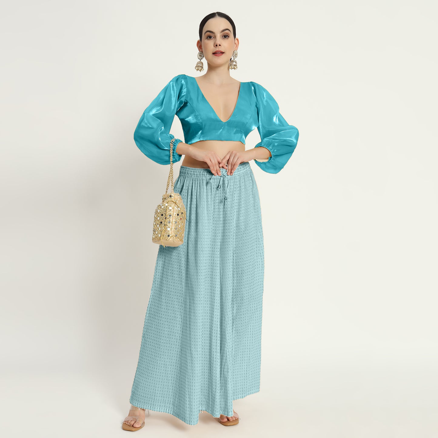 Adaa Bazaar Women's Readymade sky Blouse With Full Sleeves V Neckline