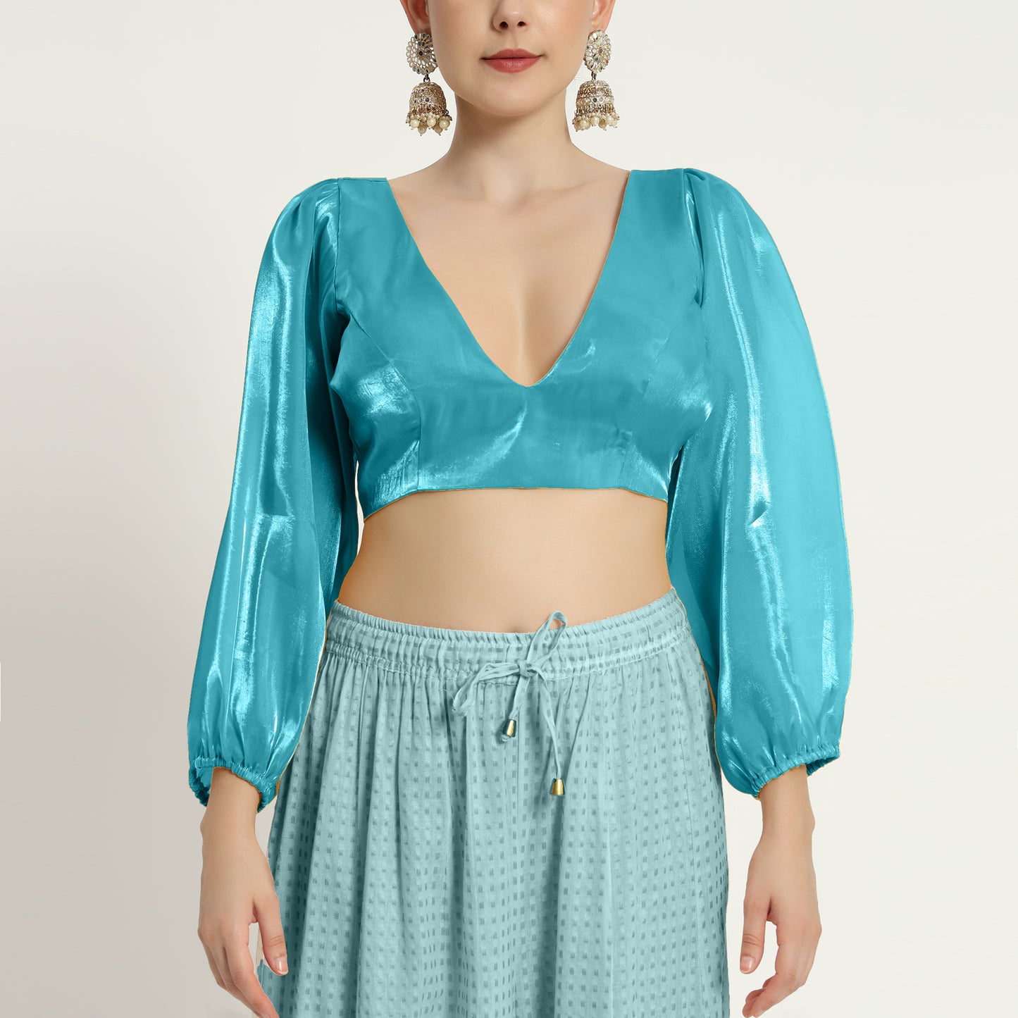 Adaa Bazaar Women's Readymade sky Blouse With Full Sleeves V Neckline