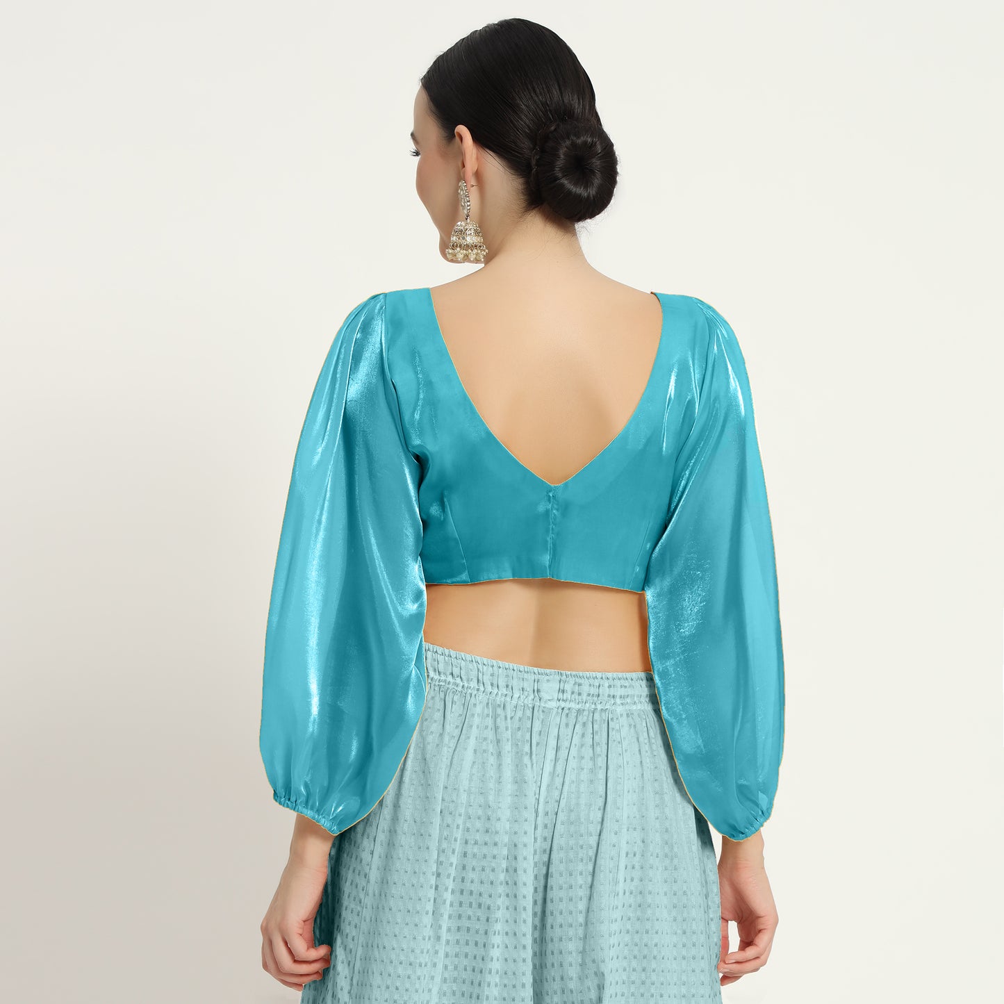 Adaa Bazaar Women's Readymade sky Blouse With Full Sleeves V Neckline