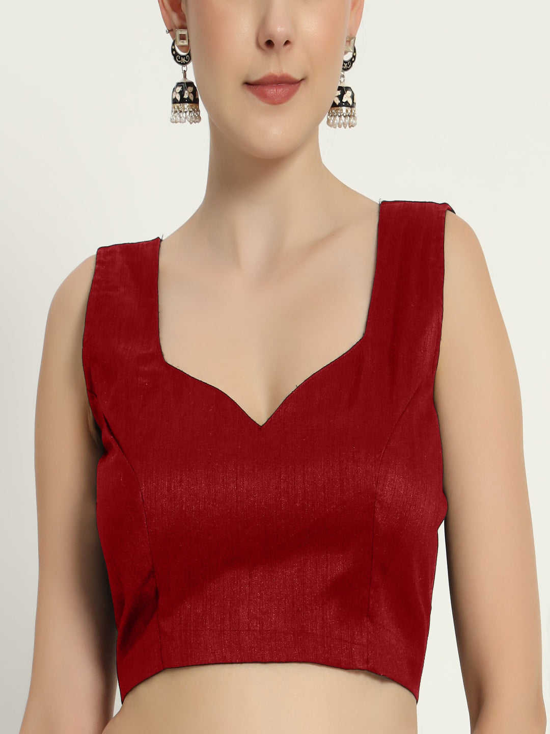 Adaa Bazaar Women's Readymade Red Silk Blouse cut sleevs