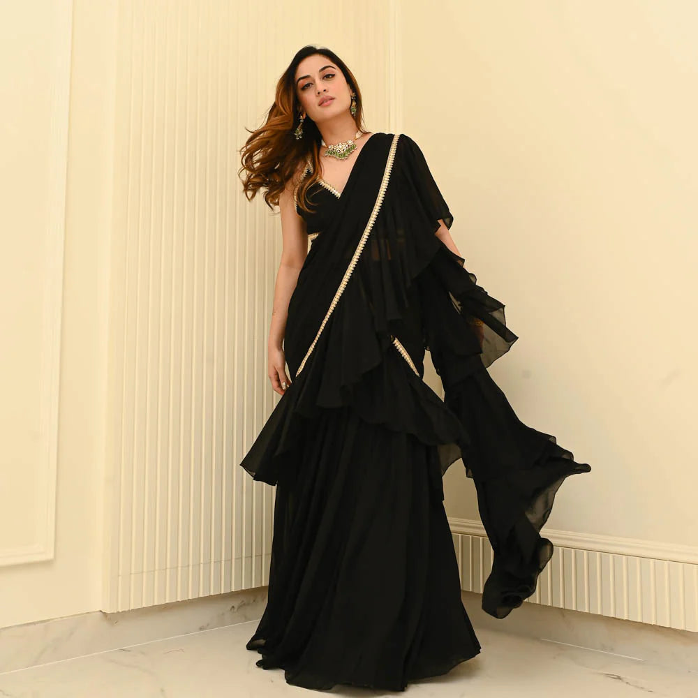 Adaa Bazaar Women's Black Georgette Draped Saree With Stitched Blouse