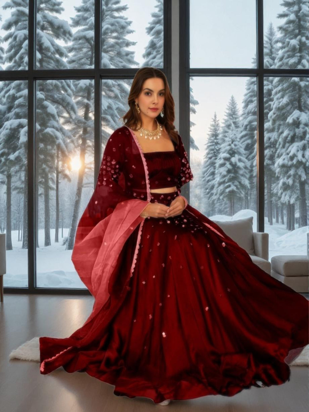 Adaa Bazaar Women's Maroon Color Lehenga Set