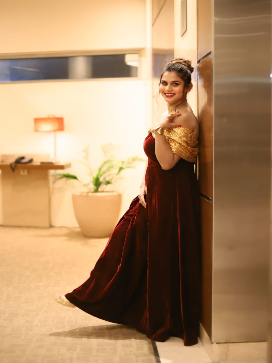 Adaa Bazaar Women's Dark Burgundy Dress, Velvet Off-shoulder Dress, Velvet Dress, Evening Gown, Gown Dress