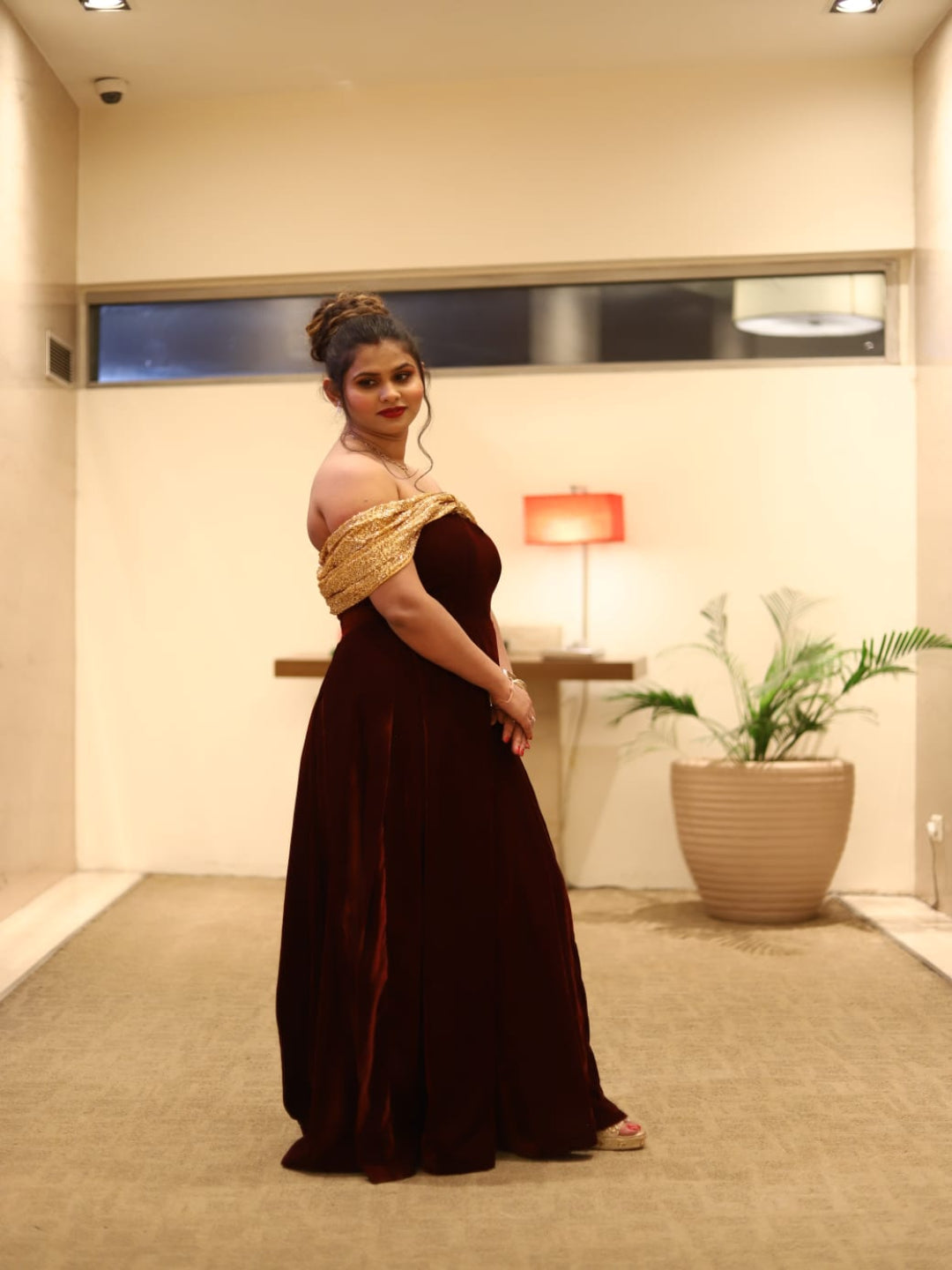 Adaa Bazaar Women's Dark Burgundy Dress, Velvet Off-shoulder Dress, Velvet Dress, Evening Gown, Gown Dress