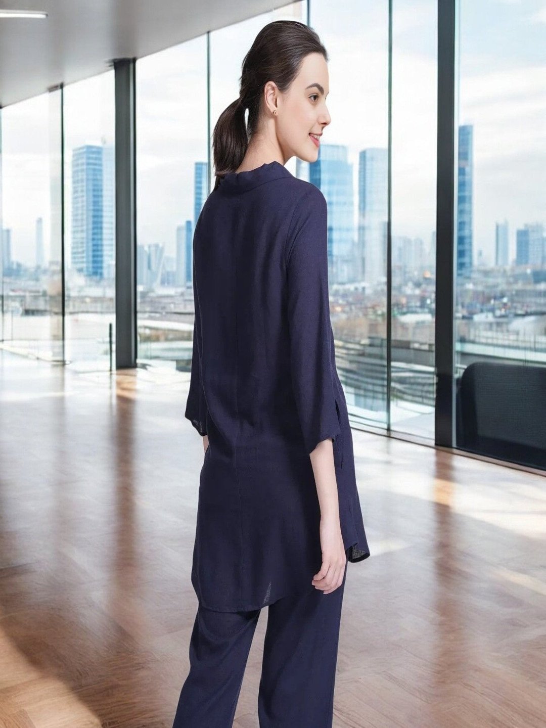 Adaa Bazaar Women's Nevvy Blue Colour Tunic & Pants Skipper Collar