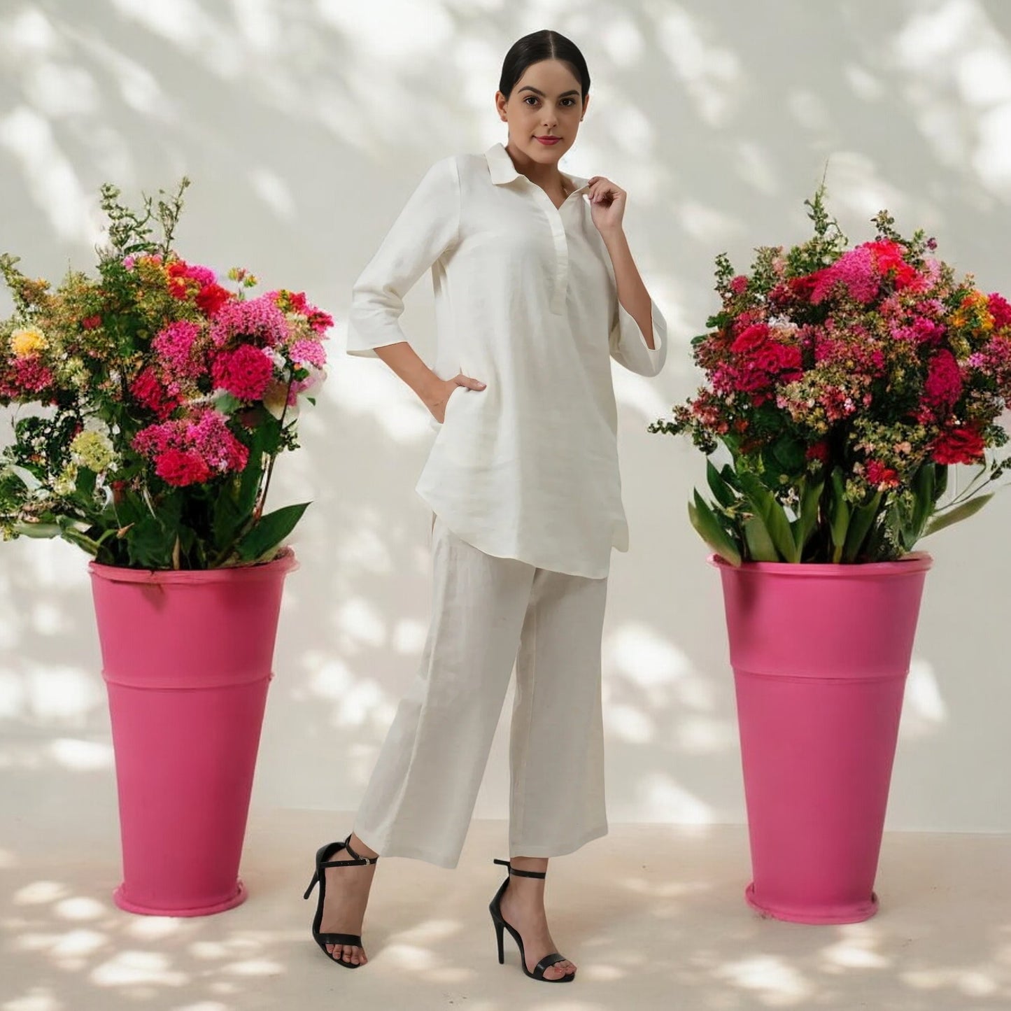 Adaa Bazaar Women's White Colour Tunic & Pants Skipper Collar