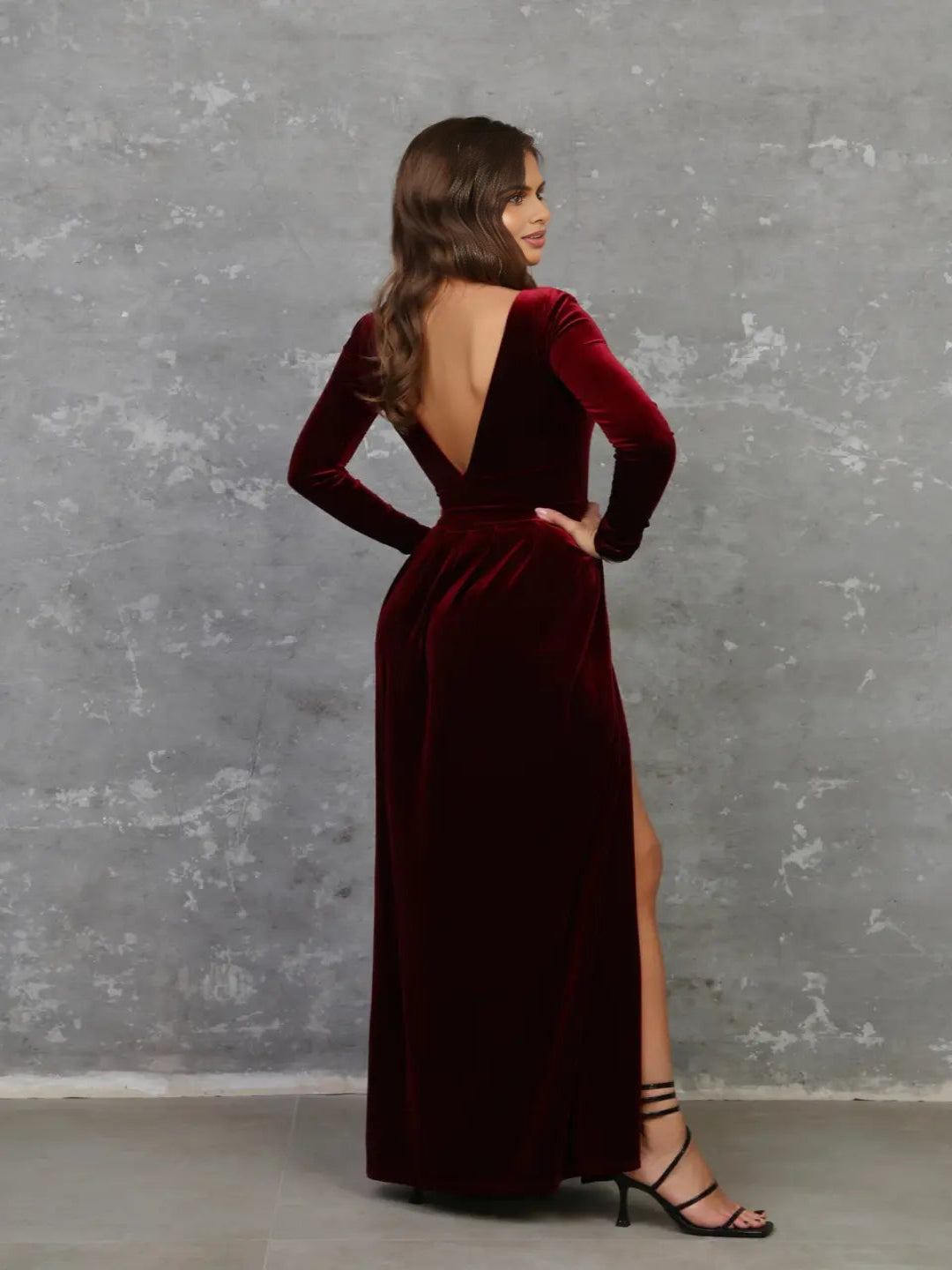 Adaa Bazaar Women's Dark Burgundy Dress, elvet Dress, Deep V Open Back, Long Sleeve Dress, High Wrap Slit Dress, Gown Dress