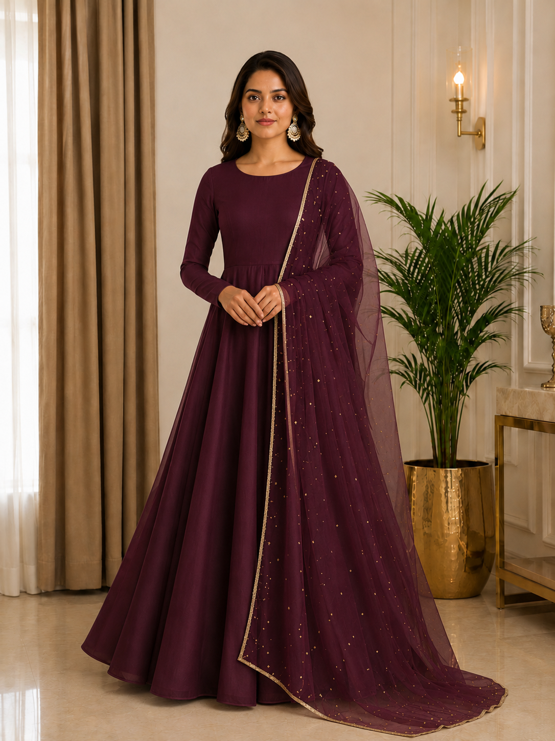 Adaa Bazaar Women's Anarkali Suit (Wine ) With Dupatta