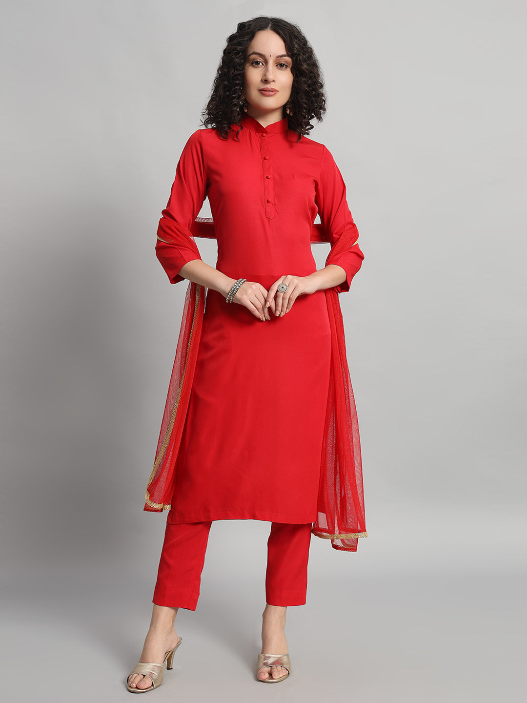 Adaa Bazaar Women's Readymade Red Suit with Dupatta