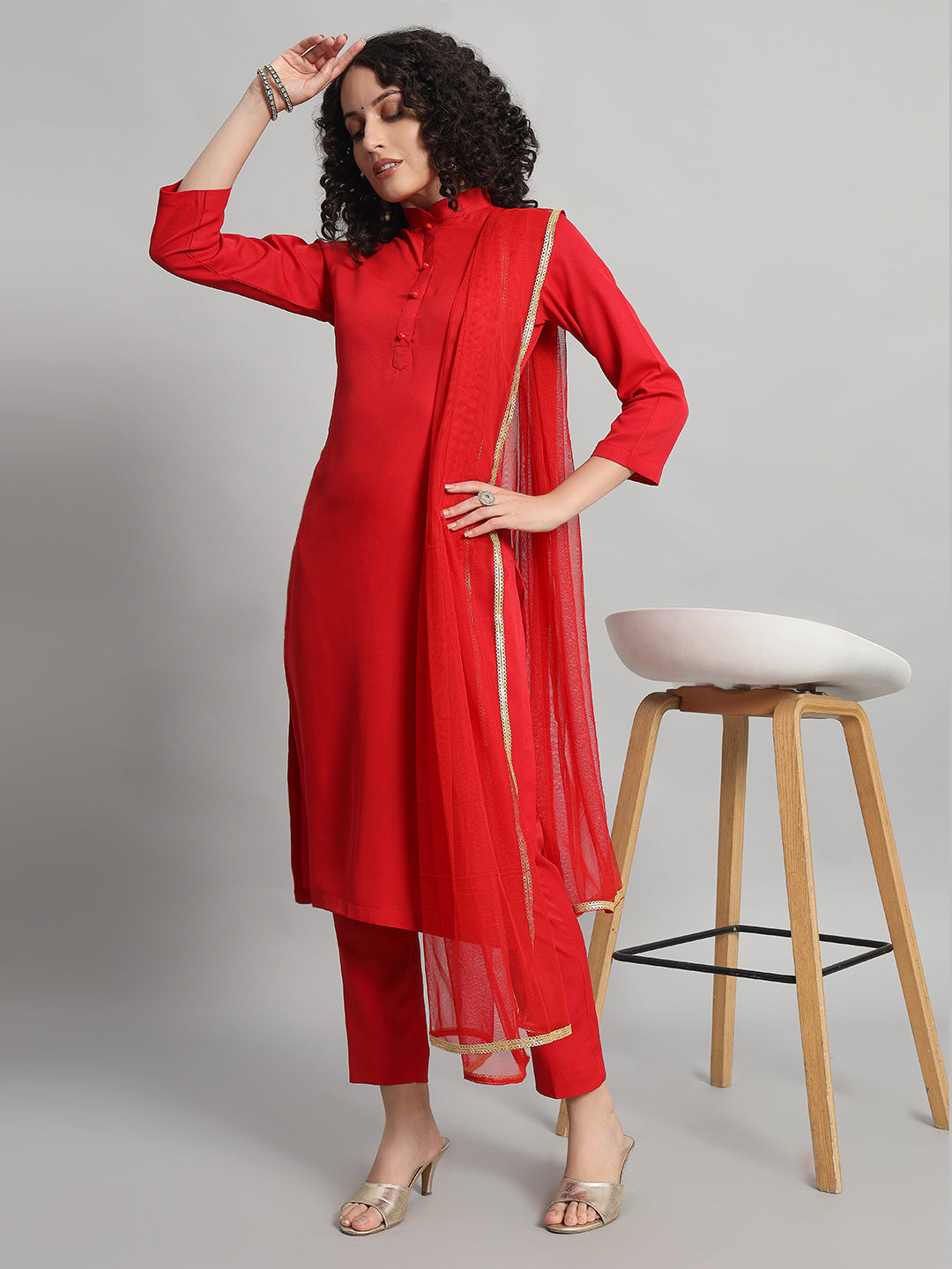 Adaa Bazaar Women's Readymade Red Suit with Dupatta