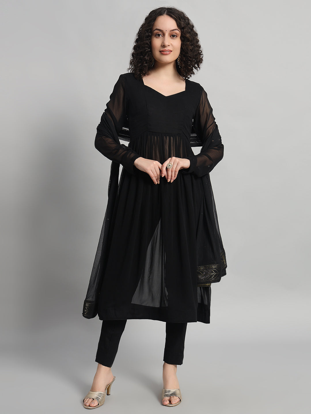 Adaa Bazaar Women's Readymade Black Suit with Dupatta