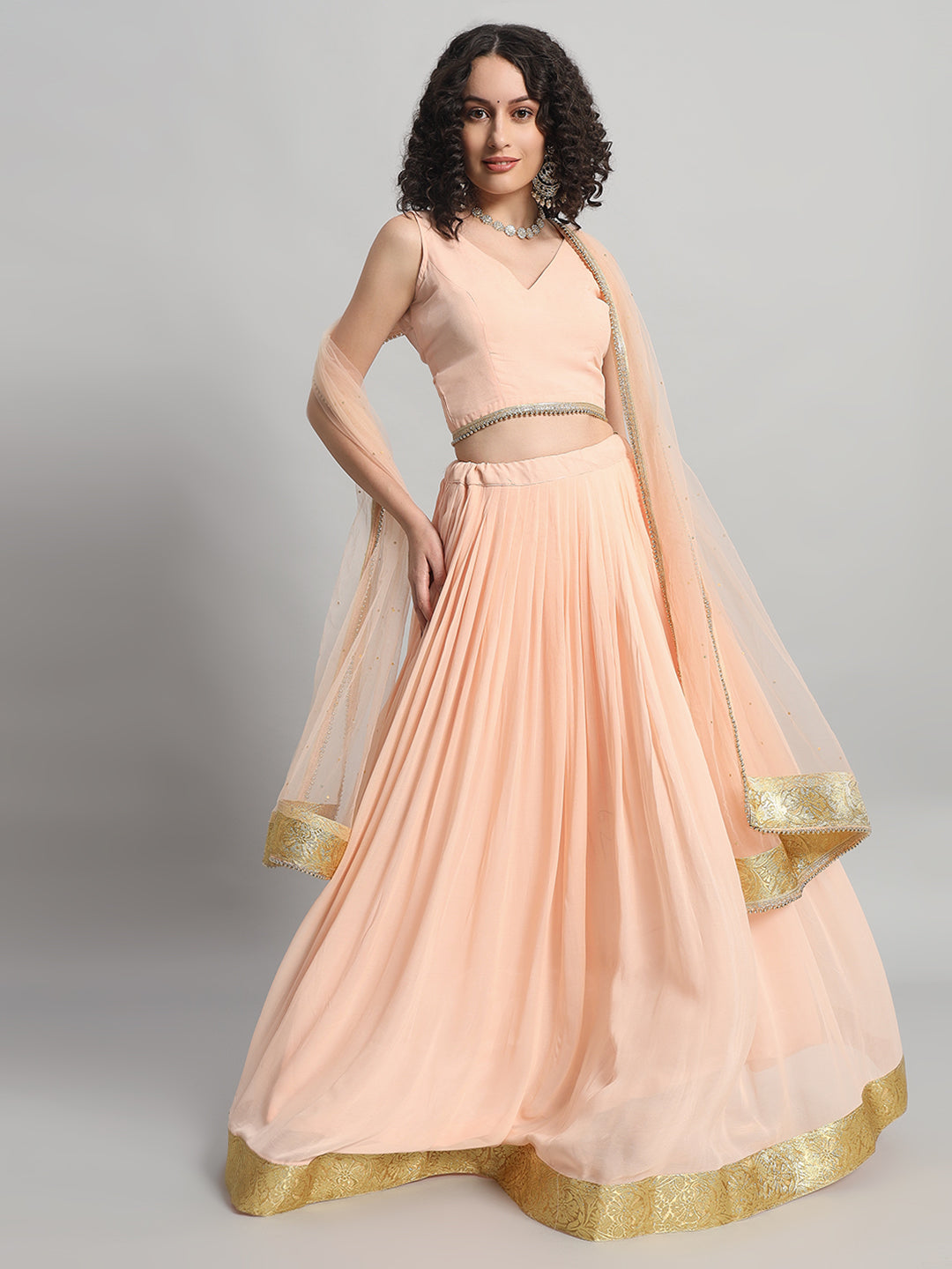 Adaa Bazaar Women's Readymade Peach Lehenga with Choli & Dupatta