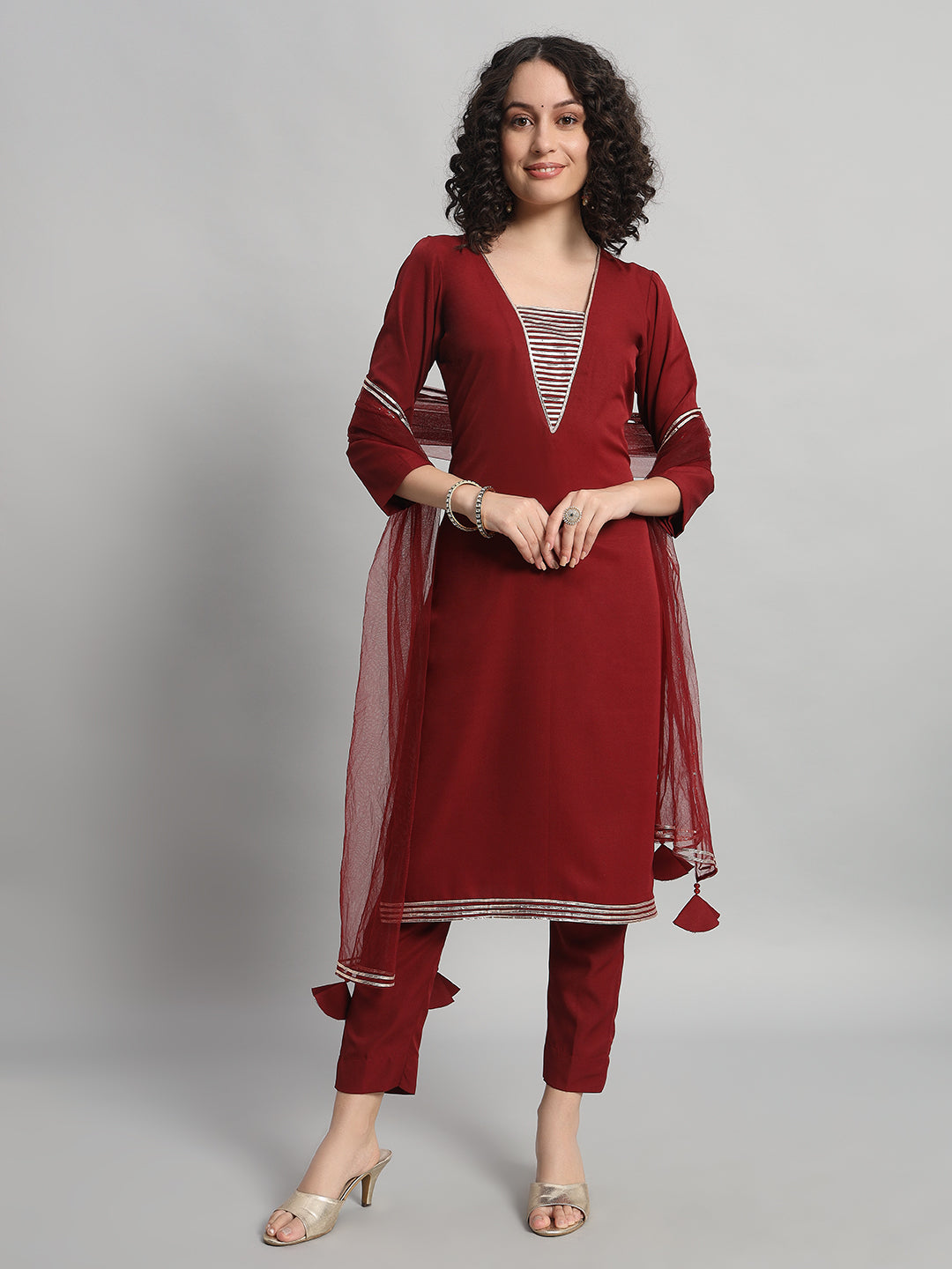 Adaa Bazaar Women's Readymade Suit (Maroon) With Dupatta