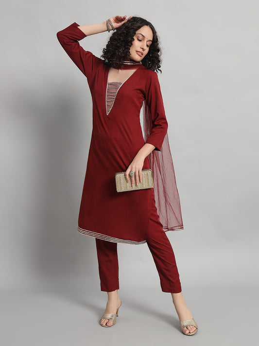 Adaa Bazaar Women's Readymade Suit (Maroon) With Dupatta