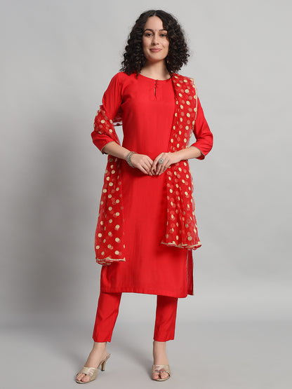 Adaa Bazaar Women's Readymade Suit (Red) With Dupatta