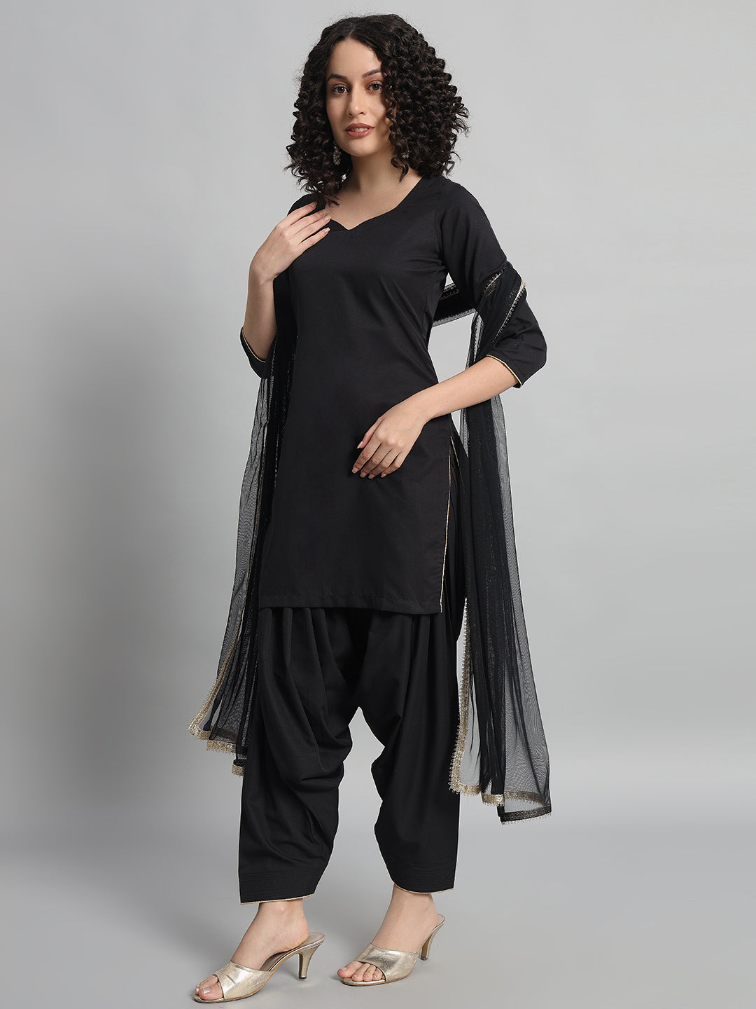 Adaa Bazaar Women's Readymade Patiala Suit (Black) with Black Dupatta