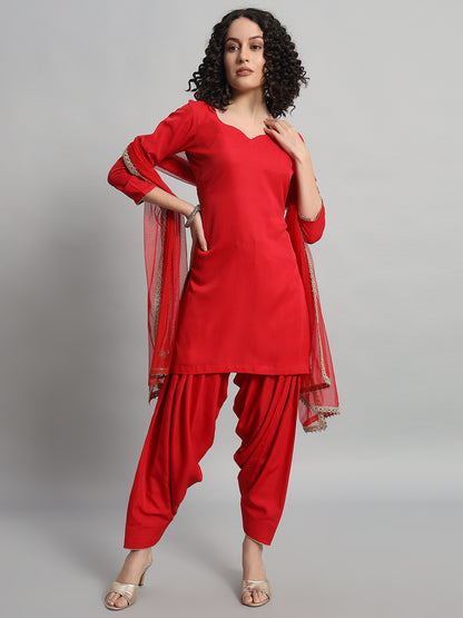 Adaa Bazaar Women's Readymade Patiala Suit (Red) with Dupatta