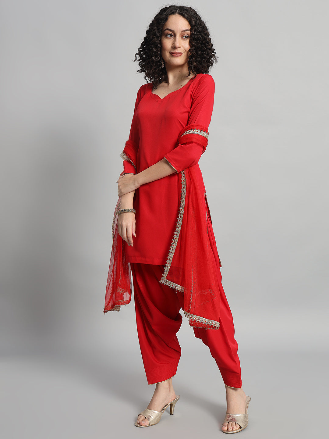 Adaa Bazaar Women's Readymade Patiala Suit (Red) with Dupatta