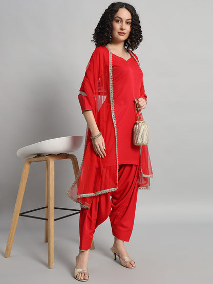 Adaa Bazaar Women's Readymade Patiala Suit (Red) with Dupatta