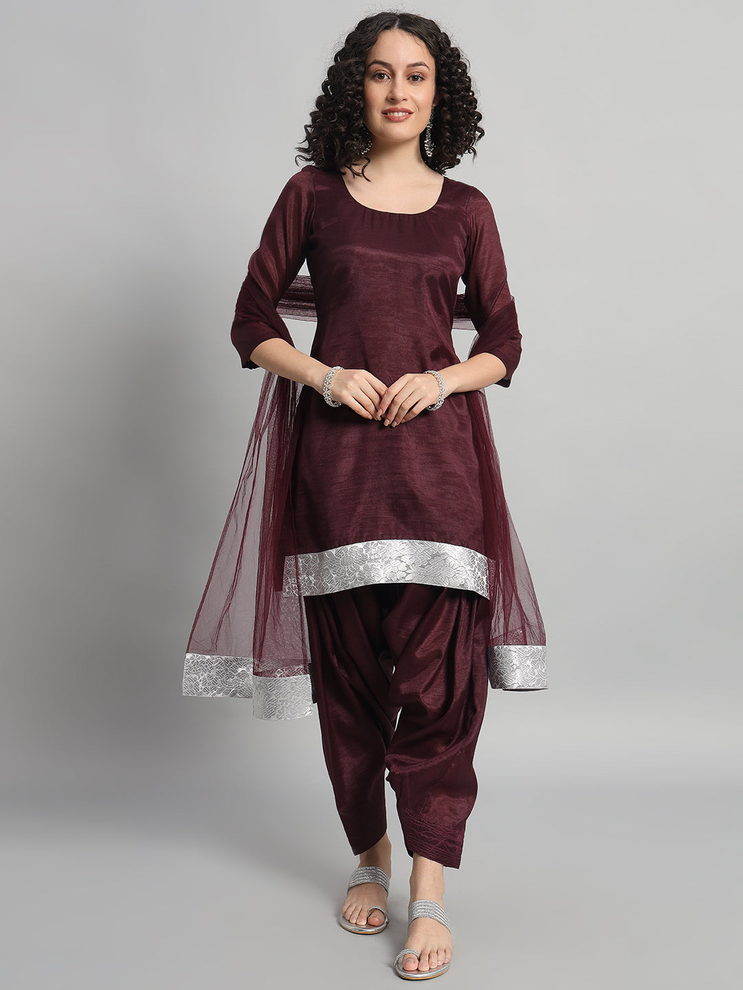 Adaa Bazaar Women's Readymade Patiala Suit (Wine) with Dupatta