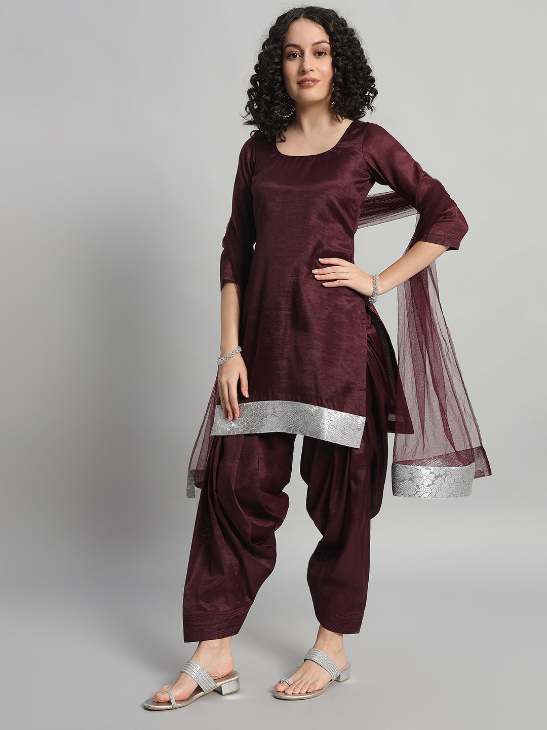 Adaa Bazaar Women's Readymade Patiala Suit (Wine) with Dupatta