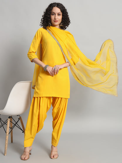 Adaa Bazaar Women's Readymade Patiala Suit (Yellow) With Dupatta