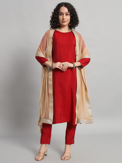 Adaa Bazaar Women's Readymade Suit (Red) with Dupatta