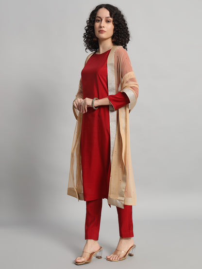 Adaa Bazaar Women's Readymade Suit (Red) with Dupatta