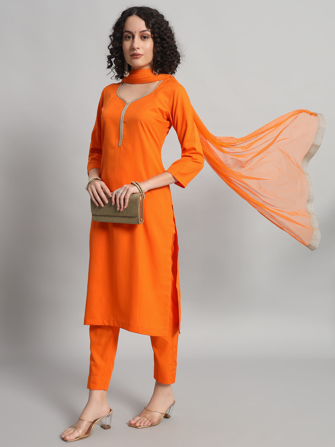 Adaa Bazaar Women's Readymade Suit (Orange) With Dupatta