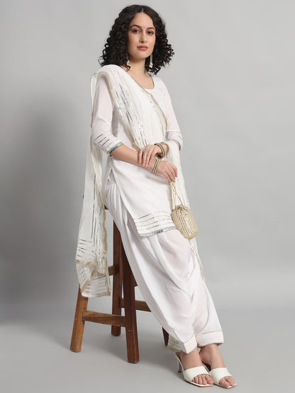 Adaa Bazaar Women's Readymade Suit (White) With Dupatta