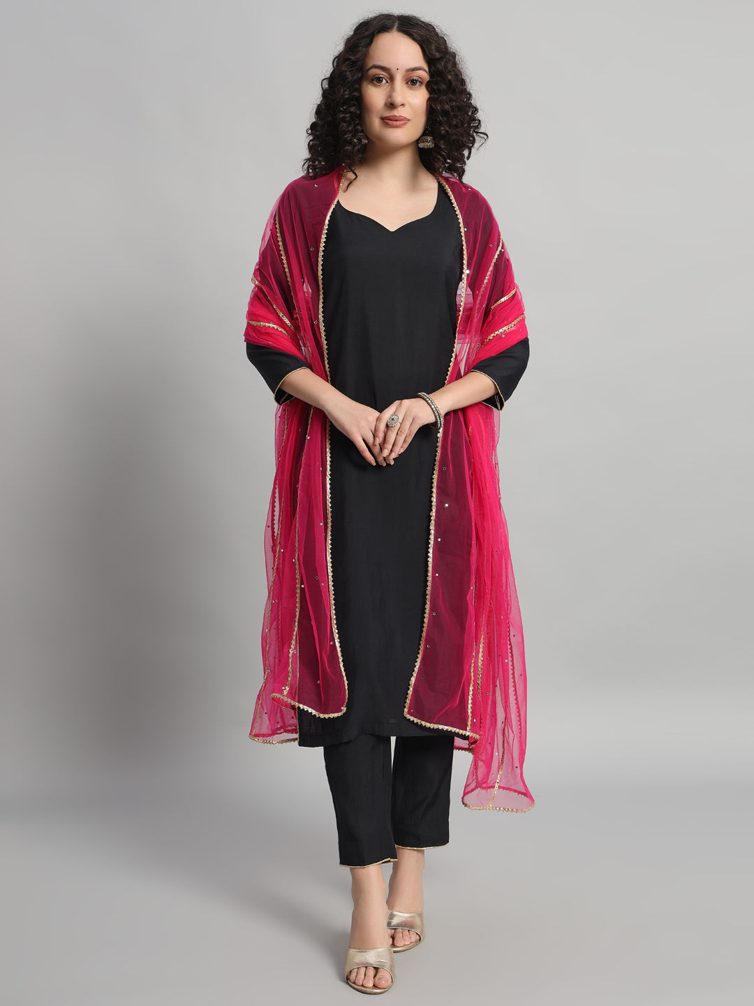 Adaa Bazaar Women's Readymade Suit (Black) With Dupatta (Pink)