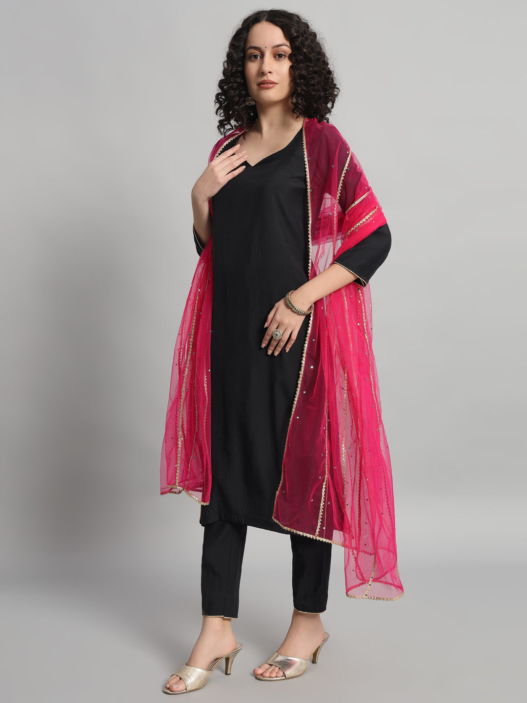 Adaa Bazaar Women's Readymade Suit (Black) With Dupatta (Pink)