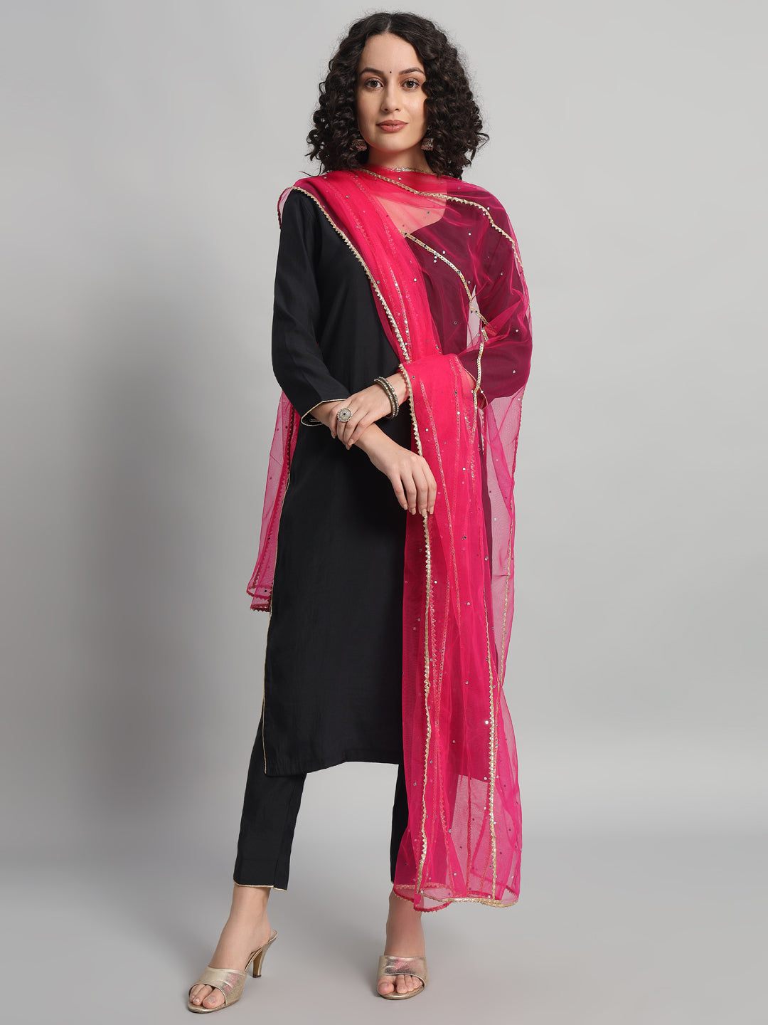 Adaa Bazaar Women's Readymade Suit (Black) With Dupatta (Pink)