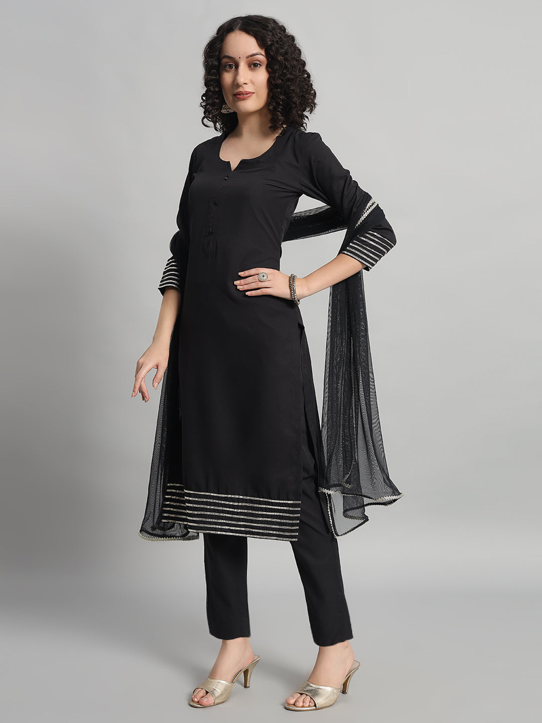 Adaa Bazaar Women's Readymade Suit (Black) With Dupatta