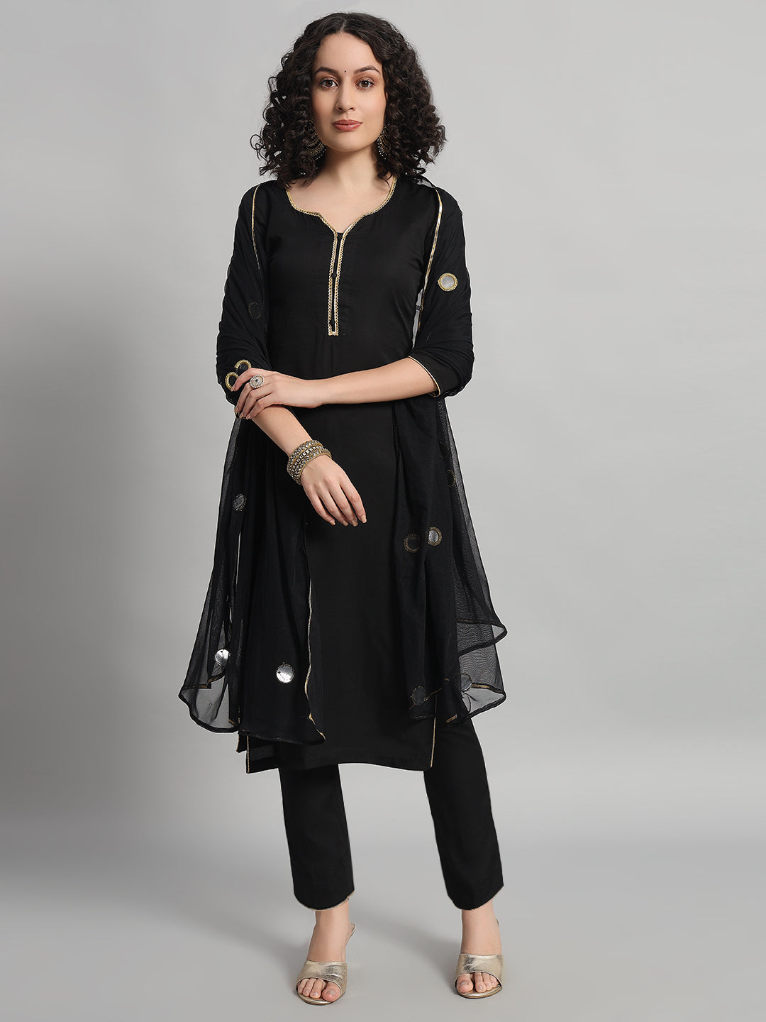 Adaa Bazaar Women's Readymade Suit (Black) with Dupatta