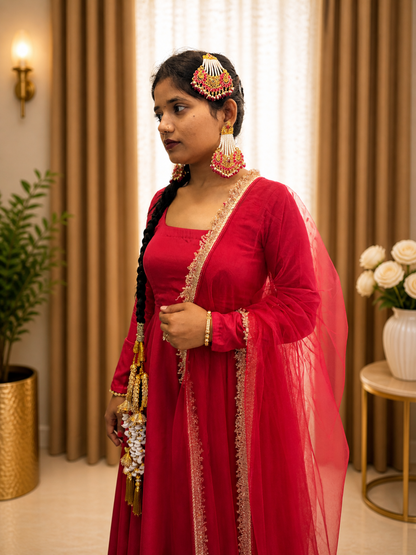 Adaa Bazaar Women's Readymade Anarkali Suit (Maganta ) With Dupatta