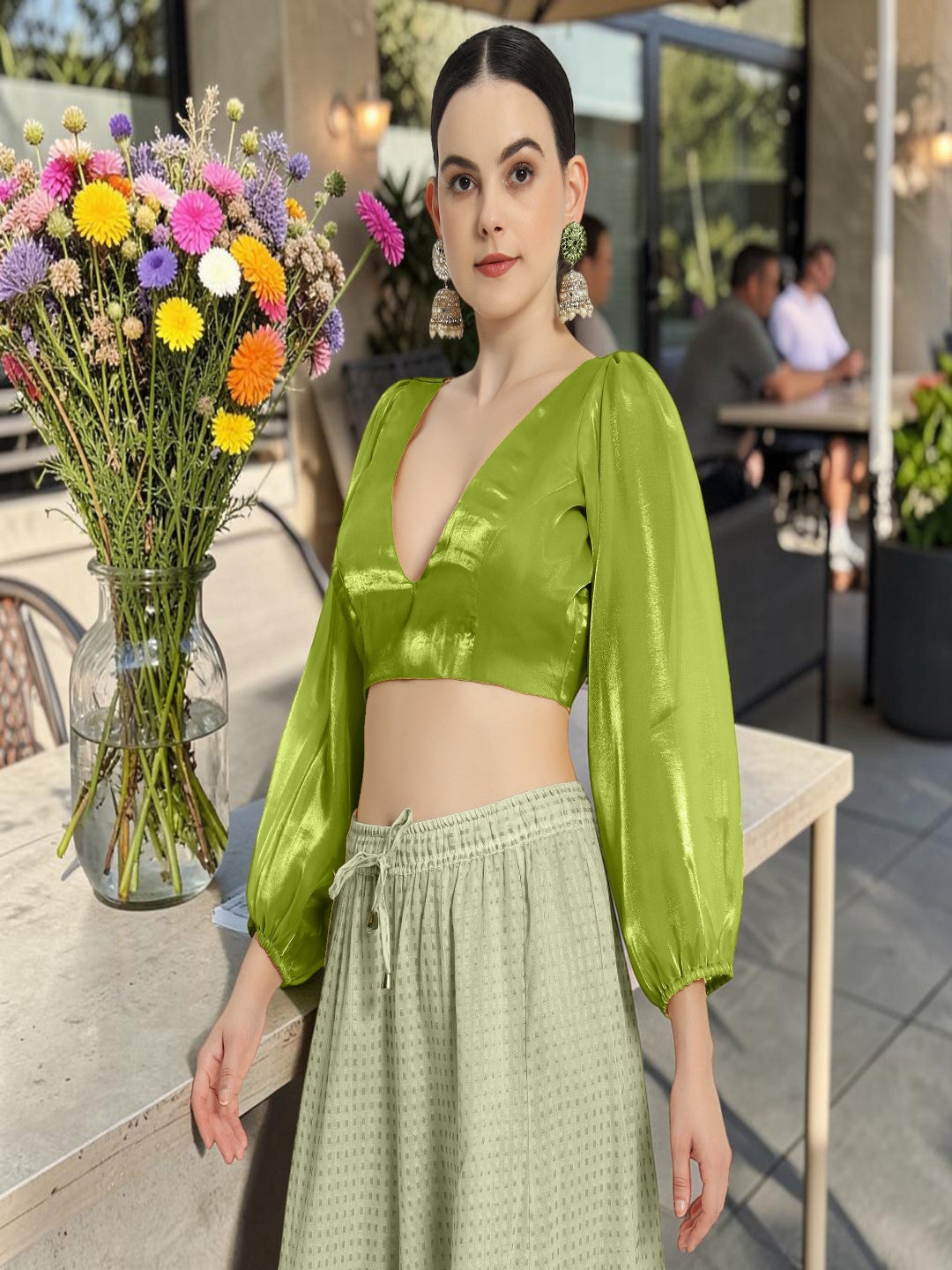neon V neck full sleevs Blouse with organza fabric