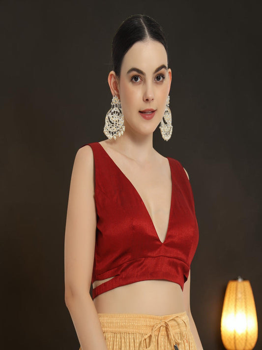 Adaa Bazaar Women's Readymade Red Blouse With Cut Sleeves