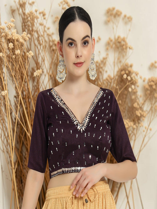 Adaa Bazaar Women's Readymade Wine Blouse With Half Sleeves