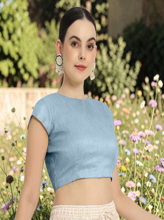 Baby blue pad blouse with sleevs and  front 0 neck design