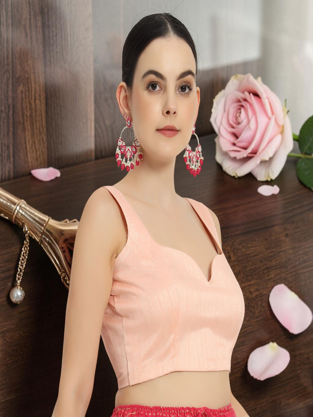 Adaa Bazaar Women's Readymade Pink Blouse With Cut Sleeves