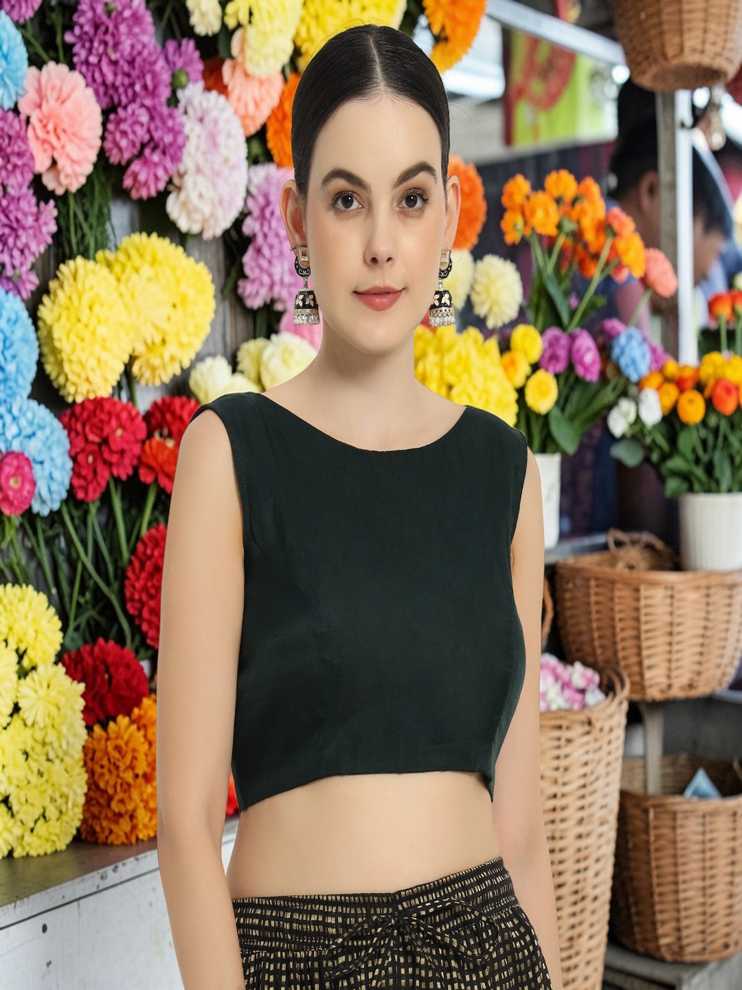 Adaa Bazaar Women's Readymade Bottle Green Blouse With Cut Sleeves