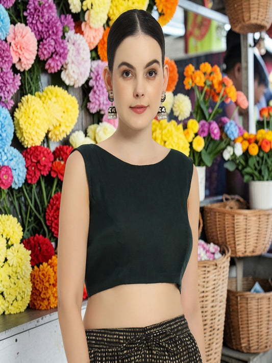 Adaa Bazaar Women's Readymade Bottle Green Blouse With Cut Sleeves