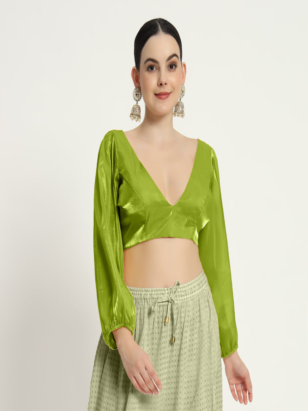 neon V neck full sleevs Blouse with organza fabric