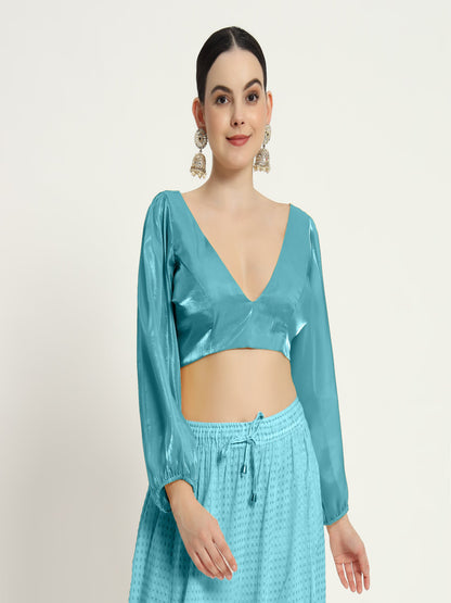 Adaa Bazaar Women's Readymade sky Blouse With Full Sleeves V Neckline