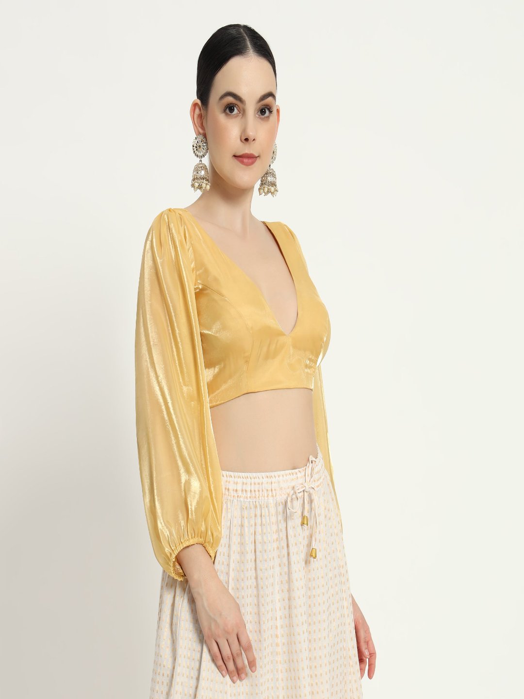 Adaa Bazaar Women's Readymade Golden Blouse With Full Sleeves V Neckline